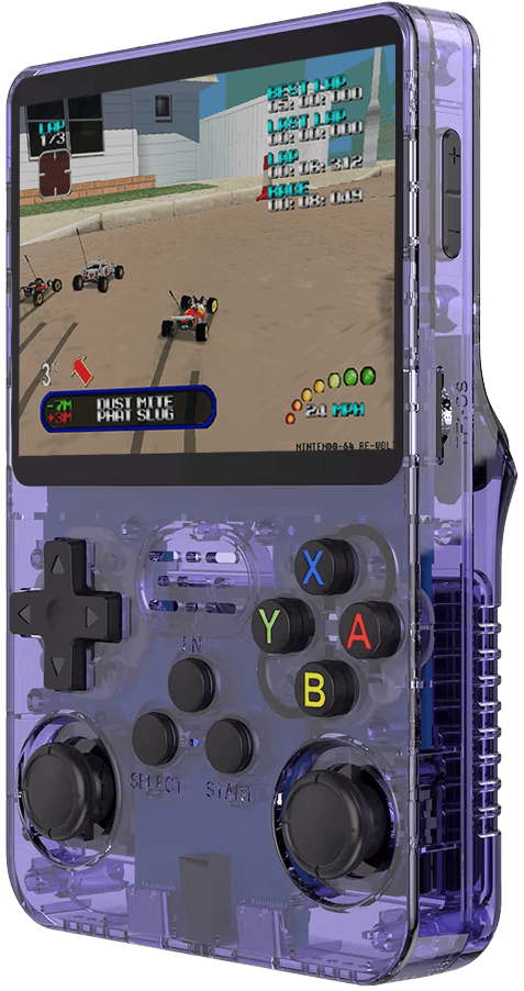 R36S console with vibrant screen showing retro game